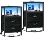 Furologee Nightstands Set of 2, End Tables with Charging Station and LED Lights, Black Night Stands with 2 Fabric Drawers, Bedside Tables Set of 2 for Living Room/Bedroom,Black Oak