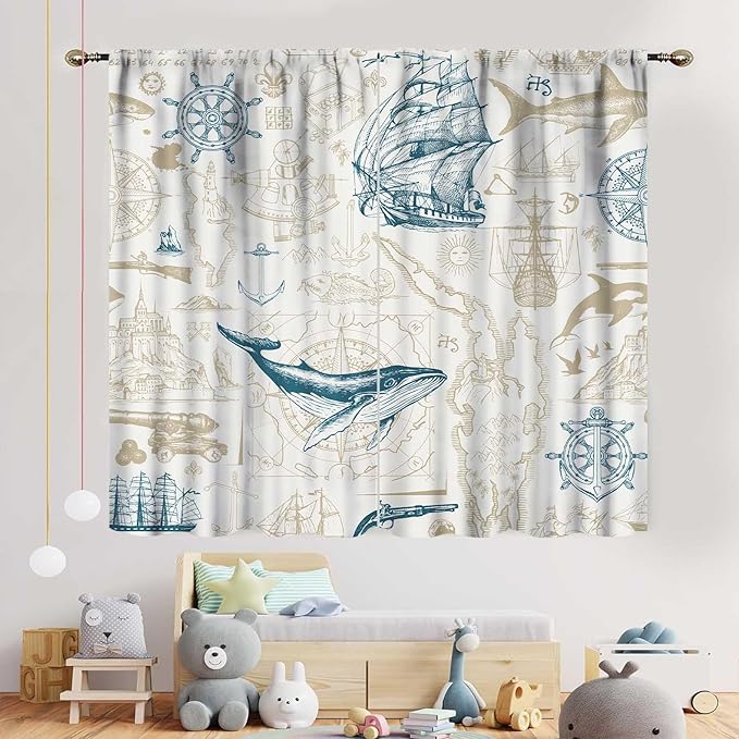 Vintage Nautical Curtains, Marine Coastal Sailboat Compass Anchor Ocean Beach Whale Old Pirate Map Decorative Drapes for Bedroom Living Room Kitchen Bathroom Window 2 Panels Set, 42"x54" Inch