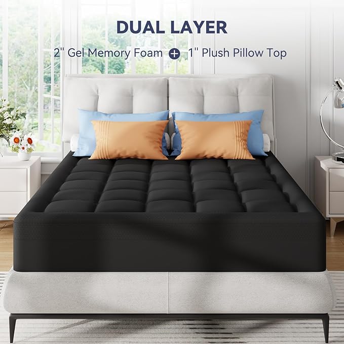 ELEMUSE 3 Inch Dual Layer Memory Foam Mattress Topper King, 2 Inch Cooling Gel Memory Foam Plus 1 Inch Down Alternative Pillowtop Mattress Pad with Cooling Cover, Soft Comfort Support, Black