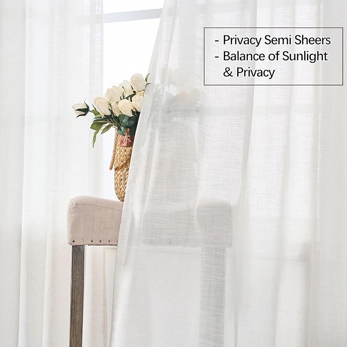 Neutral Linen Semi Sheer Curtains 84 Inches Long, Cream Textured Light Filtering Drapes for Living Room, Modern Farmhouse Window Decor, Privacy Pinch Pleat Curtain with Hooks