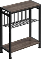 Side Table for Small Space, 3-Tier Narrow End Tablewith Magazine Holder,Slim Nightstand, Skinny Snack Couch Table in Living Room, Bedroom Study and Balcony(Ash Brown)