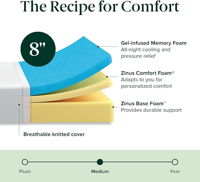 ZINUS 8 Inch Green Tea Cooling Memory Foam Mattress [New Version], Queen, Fiberglass Free, Medium Firmness, Cooling Gel Foam, Certified Safe Foams & Fabric, Mattress in A Box