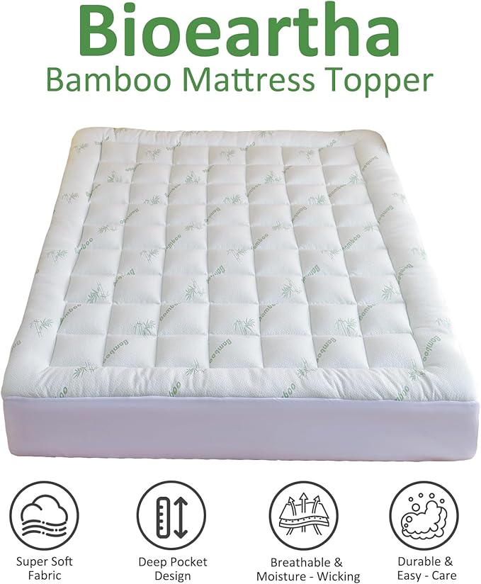 Bioeartha Cooling Mattress Topper Queen – Extra Soft Pillow Top Mattress Pad, Breathable Viscose Made from Bamboo Mattress Protector for Back Pain Relief, Deep Pocket Cover Fits 8–21 Inch