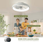 20" Modern White Flush Mount Ceiling Fan with Lights, 6 Wind Speeds, LED, Voice Control, Bedroom, Living Room, Kitchen