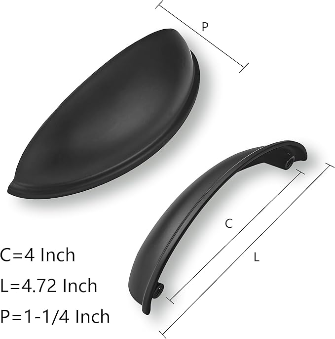 khtumeware 10 Pack 4" Drawer Pulls Matte Black Cabinet Cup Pulls Kitchen Hardware Cabinet Handles Drawer Handles Knobs 4 inch Hole Center