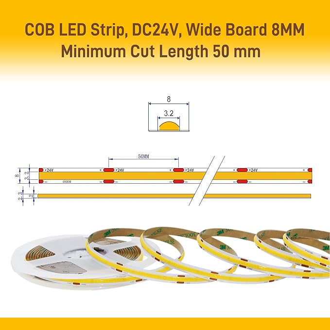 COB LED Strip Lights Warm White,24V Dimmable led Light Strip KIT with Remote and app Control,3000K 9.84FT/3m 8mm Wide Ra>90 Cuttable Flexible Strip Lights for Bedroom,TV Lights,Cabinet