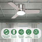 Hunter 44 inch Indoor Ceiling Fan with Light and Remote Control - For Bedroom or Living Room, Low Profile Mount, Modern Ceiling Fan with LED Light, Quiet, 3 Blades - Minimus 59454, Brushed Nickel