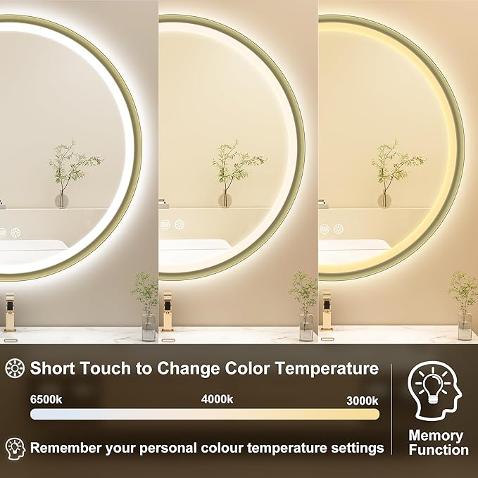 S'bagno 32" Round Gold LED Mirror for Bathroom With Frontlit & Backlit, Metal Frame, Anti-Fog, Stepless Dimmable, 3 Colors Temperature Vanity Mirror