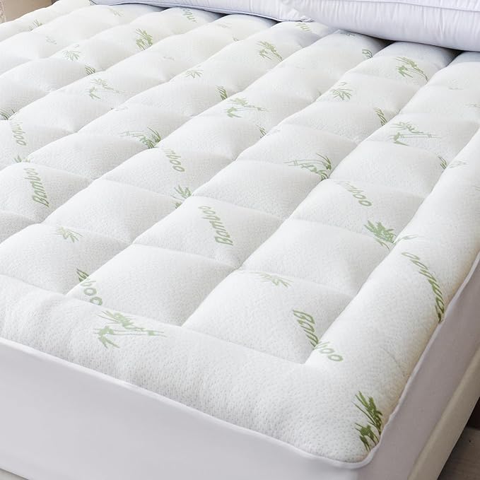 Bioeartha Cooling Mattress Topper Queen – Extra Soft Pillow Top Mattress Pad, Breathable Viscose Made from Bamboo Mattress Protector for Back Pain Relief, Deep Pocket Cover Fits 8–21 Inch