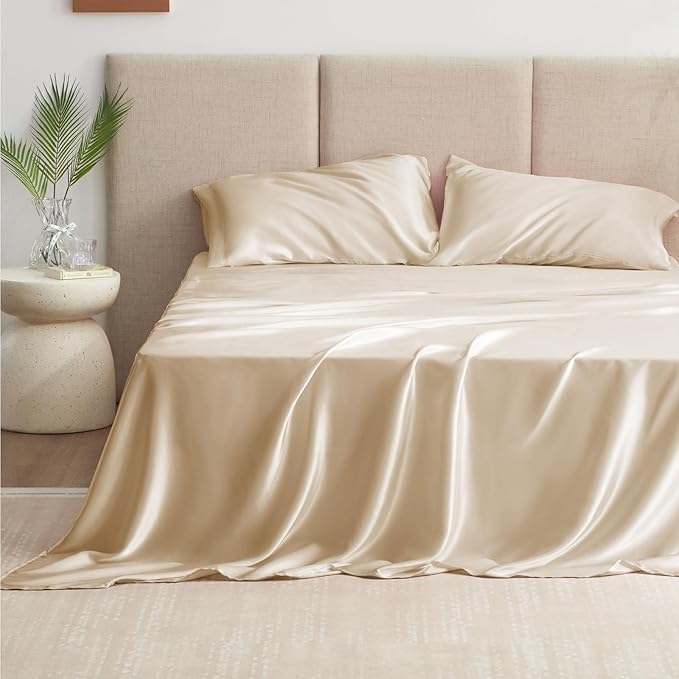 Love's cabin Full Size Satin Sheet Sets - 4 Piece Beige Silky Sheet Set with Deep Pocket, Luxury Silk Feel Satin Sheets Full Bedding Set (1 Flat Sheet,1 Fitted Sheet,2 Pillow Cases)
