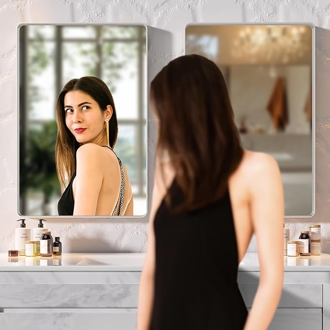 Hasipu 2 PCS Bathroom Mirror for Wall, 36 x 30 Inch Silver Metal Framed Bathroom Mirrors for Over Sink, Rectangle Bathroom Vanity Mirror, Anti-Rust, Tempered Glass, Horizontal or Vertical