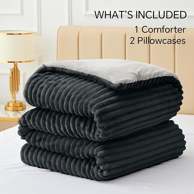 BEDELITE Fleece California King Comforter Set -Super Soft & Warm Fluffy Black Bedding, Luxury Fuzzy Heavy Bed Set for Winter with 2 Pillow Cases