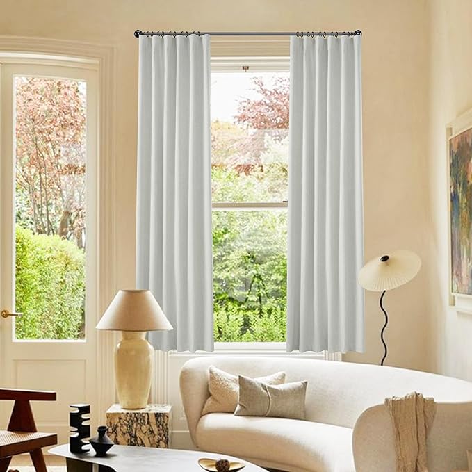KangBang Blackout Window Curtain Panels 72 Inches Long for Bedroom, Linen Textured Energy Efficient Nordic Light Grey Back Tab Drapes, Blocks 100% Light for Dining Room(Greyish White,52x72,2 Panels)