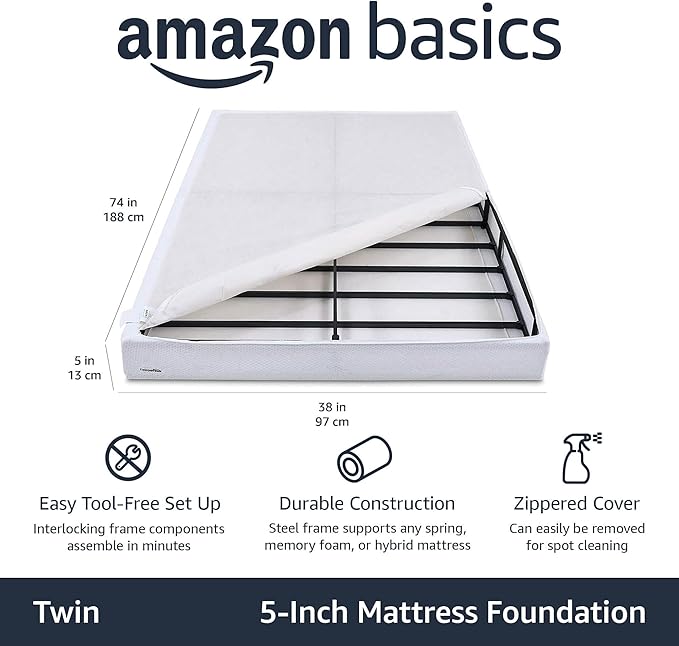 Amazon Basics Smart Box Spring Bed Base, 5-Inch Height Mattress Foundation, Tool-Free Easy Assembly, Twin, 74"L x 38"W x 5"H, White
