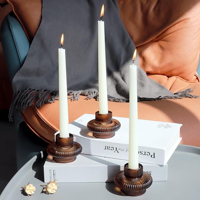 VOHO 12pcs Brownish Amber Candle Holders for Fall Decor, Vintage Ribbed Candlestick Holders Centerpiece Table Decorations, Heavy Glass Taper Candle Holders for Candlesticks/Votive Candles