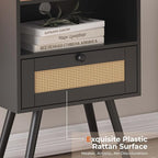 SUPERJARE Nightstands with Charging Station, Bedside Table Set of 2 with PE Rattan Drawers, Rattan Side Table with Storage & Solid Wood Feet, End Table for Bedroom, Black