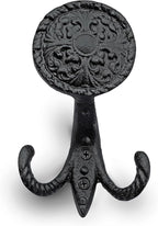 Ambipolar 3-Pack Fleur de lis Plate Style Coat Hooks, Vintage Black Hooks for Coats, Hats, and More, Sturdy Cast Iron Construction, Rustic Farmhouse Theme, Easy Installation Versatile and Durable