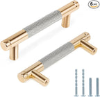 Knurled Cabinet Pulls 6 Pack, 4 Inch Long Cabinet Handles Metal Door Pulls, Kitchen Drawer Pull Knurled Dresser Handles - 3" Hole to Hole, Grey & Gold