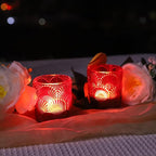 Woho Red Votive Candle Holders Set of 24 Boho Style, Ginkgo Leaves Pattern Tealight Candle Holder for Wedding Table Decor, Vintage Glass Tea Lights Candle Holder for Christmas/Vantines Day Decorations