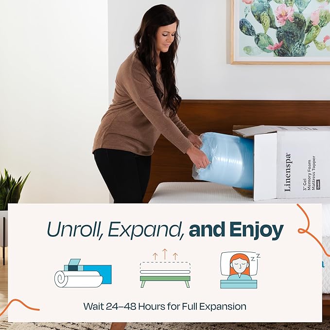LINENSPA Memory Foam Mattress Topper - 2 Inch Gel Infused Memory Foam - Plush Feel - Cooling and Pressure Relieving - CertiPUR Certified - Dorm Room Essentials - Full Size