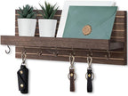 Decorative Key Holder for Wall with Shelf, Entryway Shelf with Hooks Holds Leashes, Jackets and Glasses – Sturdy Wood Keyholder Entrance Hanger with Mounting Hardware (Brown, Large)