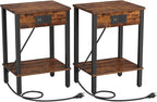 VIMBER Set of 2 End Table with Charging Station, Narrow Side Table with USB Ports and Outlets, Nightstands with 2-Tier Storage Shelves, Sofa Table for Small Space Living Room Bedroom