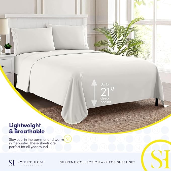 California King Sheet Sets - Breathable Luxury Sheets with Full Elastic & Secure Corner Straps Built In - 1800 Supreme Collection Deep Pocket Bedding, Sheet Set, EXTRA DEEP pocket - Cal King, Ivory