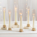 NUPTIO Candlestick Holder with Fluted Hurricane: Set of 6 Metal Candle Holders with Glass Cylinders - Gold Taper Candleholders for Birthday Valentine Wedding Table Centerpiece Outdoor Decor