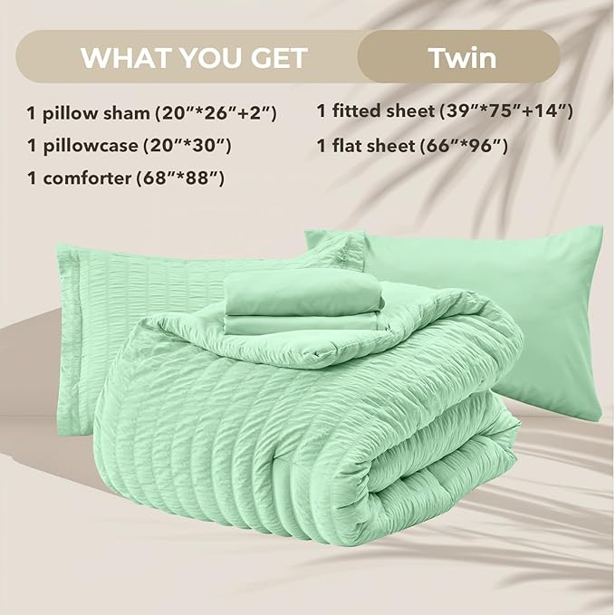 HYMOKEGE Mint Green Twin Comforter Set Seersucker 5 Pieces, All Season Luxury Bed in a Bag for Bedroom, Bedding Set with Comforter, Sheets, Pillowcase & Sham