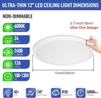 SunRider 2-Pack LED Flush Mount Ceiling Light Fixture, 6000K Cool White, 2400LM, 12 Inch 24W 240W Equiv. Round Flat Ceiling Lights, Non-Dimmable