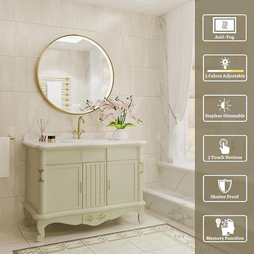 28 Inch Round LED Bathroom Mirror, Gold Metal Framed Lighted Mirror for Bathroom, Wall Mouted LED Vanity Mirror with Lights, 3 Colors and Stepless Dimmable, Anti-Fog, Memory