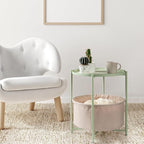 danpinera Round Side Table with Fabric Storage Basket, Metal Side Table Small Bedside Nightstand with Removable Tray Top for Living Room, Bedroom, Nursery, Laundry, Light Green