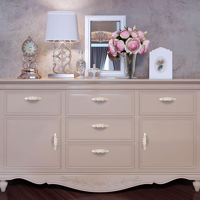6Pcs 5" Hole to Hole Euro Rose Decorative Cabinet Pull Handles Ivory Vintage Kitchen Zinc Alloy Flower Drawer Dresser Vanity Nightstand Cupboard Wardrobe Pull Handles