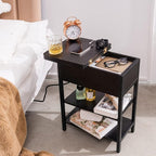 Yoobure End Table with Charging Station, Flip Top Side Table with USB Ports and Outlets, Sofa Couch Table Bedside Table for Living Room Bedroom, Narrow Nightstand with Storage Shelves for Small Space