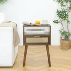 MaxSmeo Mid Century Nightstand, Rattan Side Table with Drawer, Wood Modern Bedside Table for Bedroom, Living Room and Small Spaces (Rustic Brown)