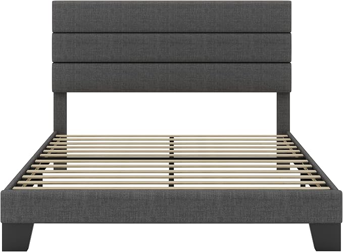 SHA CERLIN Full Platform Bed Frame with Upholstered Fabric Headboard, Mattress Foundation with Strong Wooden Slats Support, No Box Spring Needed, Grey