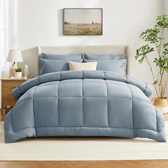 CozyLux Twin Comforter Set with Sheets Grayish Blue, 5 Pieces Bed in a Bag, Dusty Blue Comforter Twin Size, All Season Bedding Set with Stitch Quilted Comforter, Flat Sheet, Fitted Sheet, Pillowcases