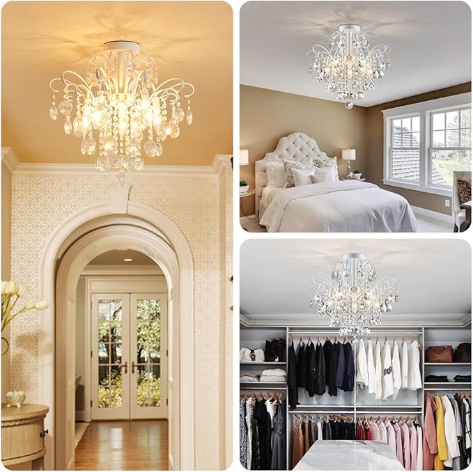 WUZUPS Crystal Chandelier Flushmount Ceiling Light Modern Lighting Fixture for Bedroom Hallway Bar Kitchen Bathroom, H 17.5'' x W 19.3'', E12 Base, White