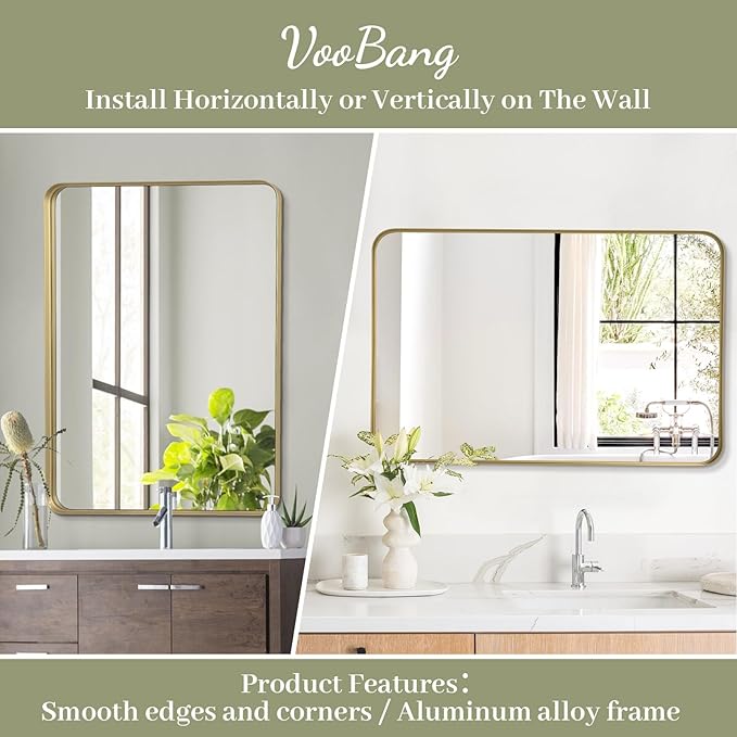 VooBang Bathroom Mirror 30x40 inch, Gold Gorgeous Deep Frame Wall Mirror, Modern Round Corner Bathroom Vanity Mirror for Bedroom, Living Room, Hanging or Leaning Horizontal or Vertical, Gold