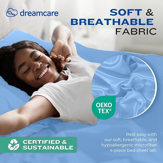 DREAMCARE California King Sheet Sets – 4 pcs Cooling Sheets – up to 21” Deep Cal King Sheets – Hotel Luxury Pillowcases – Superior Softness 100% Fine Microfiber with Side Pocket – Light Blue