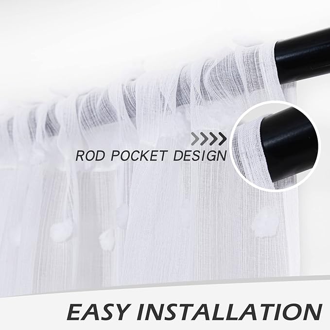 MYSKY HOME White Curtains for Living Room 90 Inch Length Long Pom Pom Curtains for Bedroom Sheer Curtain for Nursery Windows Rod Pocket Privacy Drapes Dining Room 52" x 90" 2 Panels