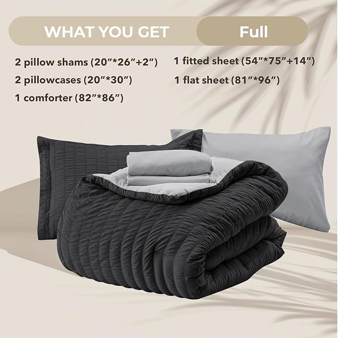 HYMOKEGE Black/Light Grey Full Size Comforter Sets Seersucker 7 Pieces, All Season Luxury Bed in a Bag for Bedroom, Bedding Set with Comforter, Sheets, Pillowcases & Shams