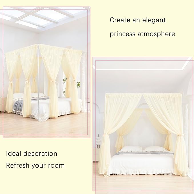 Akiky Ivory Canopy Bed Curtains with Lights 8 Panel Canopy Curtains Drapes for King Size Bed Large Rod Pocket Sheer Canopy Bed Drapes
