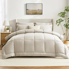 CozyLux Full Size Comforter Sets Oatmeal, 7 Pieces Bed in a Bag, Oatmeal Comforter Full Size, All Season Bedding Sets with Stitch Quilted Comforter, Flat Sheet, Fitted Sheet, Pillowcases