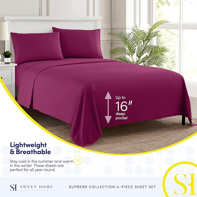 Twin Sheets - Breathable Luxury Sheets with Full Elastic & Secure Corner Straps Built In - 1800 Supreme Collection Extra Soft Deep Pocket Bedding Set, Sheet Set, Twin, Berry