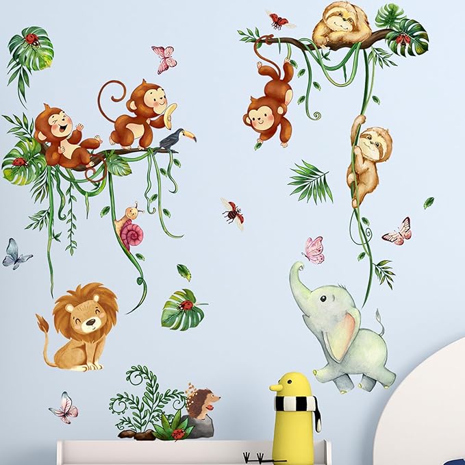 Jungle Animal Wall Stickers Forest Safari Wall Decals Kid Room Nursery Baby Bedroom Décor (Green Vine Monkey Elephant Butterfly)