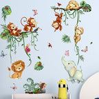 Jungle Animal Wall Stickers Forest Safari Wall Decals Kid Room Nursery Baby Bedroom Décor (Green Vine Monkey Elephant Butterfly)