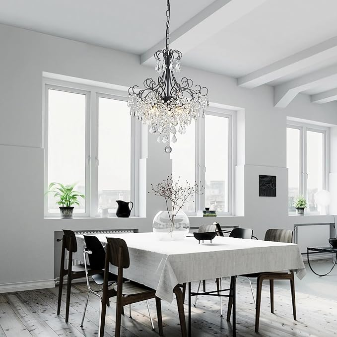 WUZUPS Crystal Chandelier 5-Light Pendant Ceiling Light Modern Lighting Fixture for Dining Room Hallway Bedroom Kitchen Bathroom, H 22.4" x W 18.3", E12 Base, Black