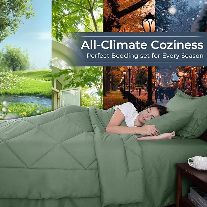 HEVUMYI Sage Green King Comforter Set - 7-Piece All Season Bed in a Bag King, Ultra Soft Bedding Set with Comforter, Flat Sheet, Fitted Sheet, Pillowcases, Pillow Shams, Sage Green
