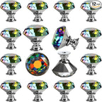 DEELF 12 Packs Kitchen Cabinet Knobs, 30 mm Crystal Cabinet Knobs, Diamond Dresser Handle Drawer Pulls, Dresser Knobs for Cabinets and Drawers, Colorful